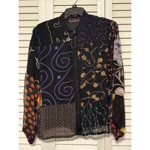 Sacred Threads Black Patchwork Boho Sheer Button Up Shirt Women's Size S/M